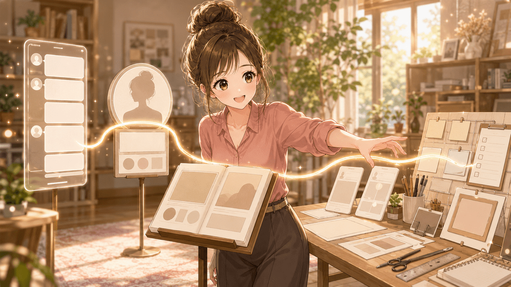 Threadsの投稿からプロフィール、noteへとつながる導線を示す女性のイラスト