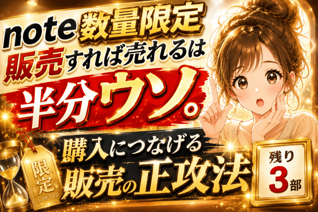 「note数量限定販売すれば売れるは半分ウソ。購入につなげる販売の正攻法」記事のアイキャッチ画像。「残り3部」の限定タグに驚く女性のイラスト