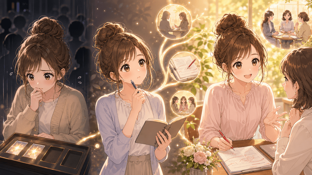 数量限定販売の理由を考え、ノートに整理してから読者に伝える女性のイラスト