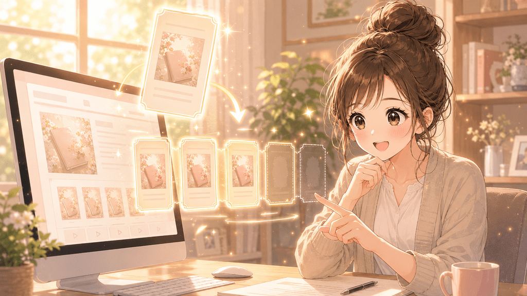 パソコン画面とチケット状のカードで、noteの販売数を設定するイメージを表す女性のイラスト