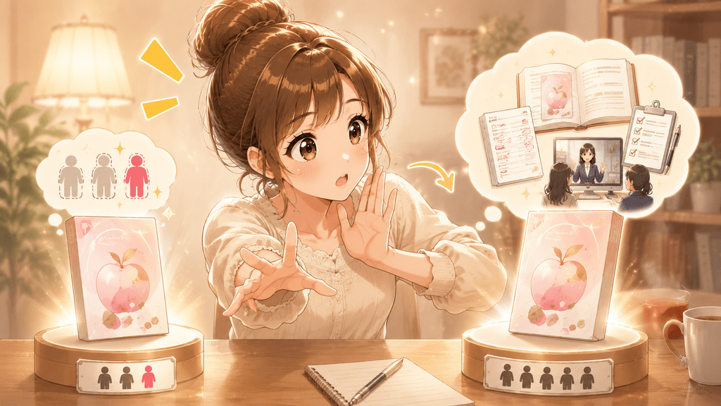 残り人数を示すだけの見せ方と、内容が伝わる見せ方を両手で比較する女性のイラスト