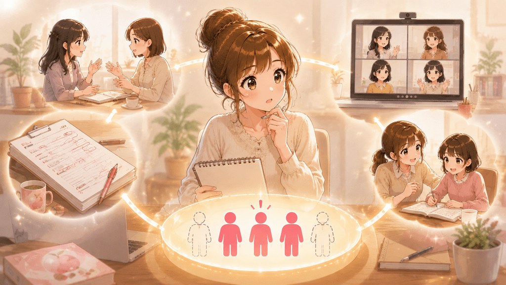 対応できる人数を表す人型アイコンと、個別相談・添削・オンライン講座の場面を思い浮かべる女性のイラスト