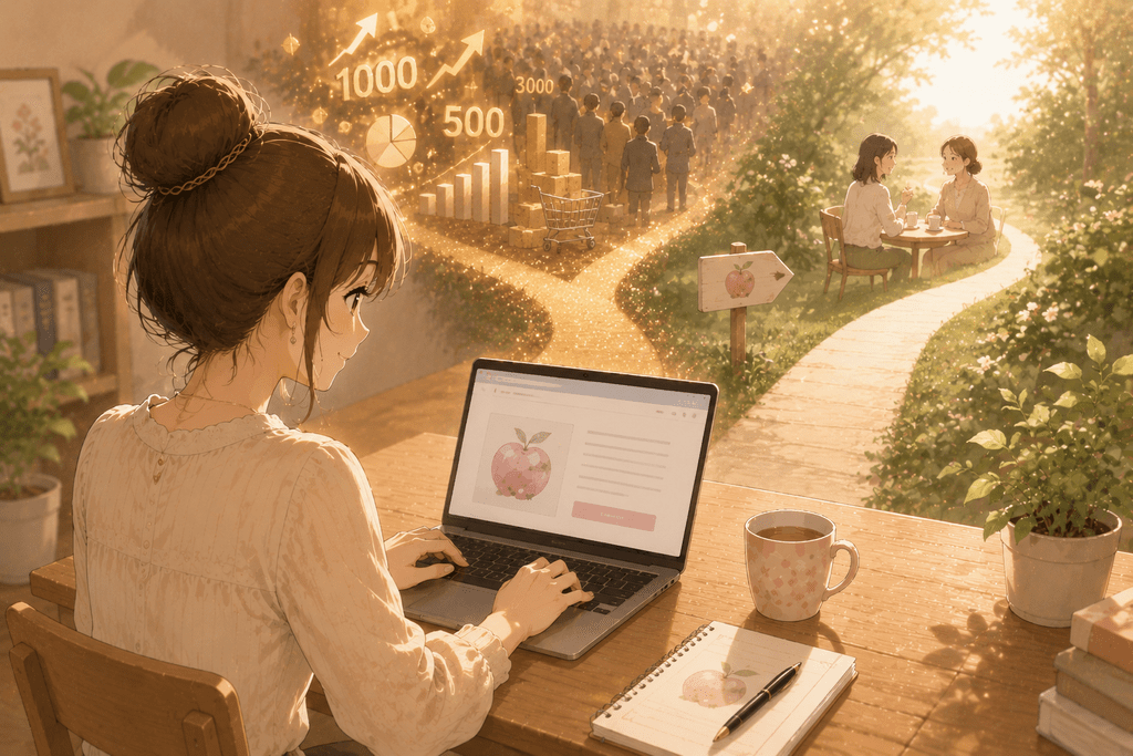 数字を追う道と、読者と信頼関係を築く道の分かれ道を見つめながらnoteを作成する女性のイラスト