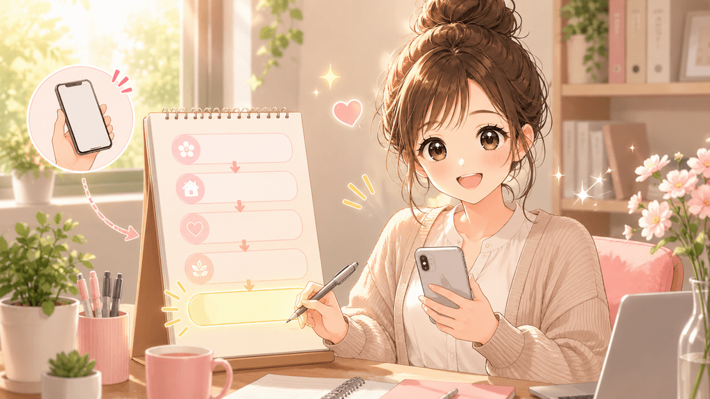 スマホを片手に、5つのチェック項目が並ぶフリップボードへ答えを書き込む女性のイラスト