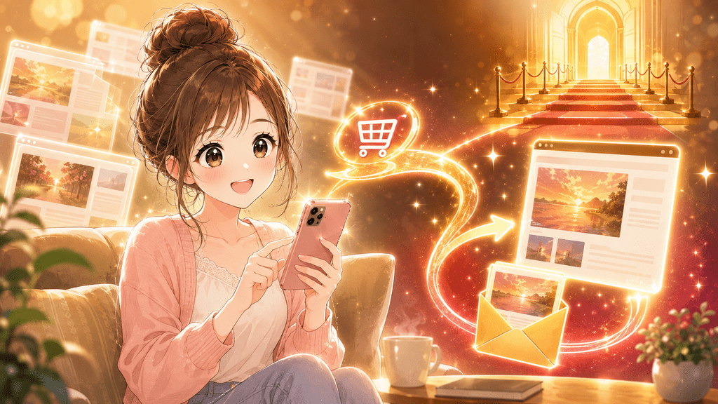 スマホから会員登録なしで有料note記事を購入する女性のイラスト