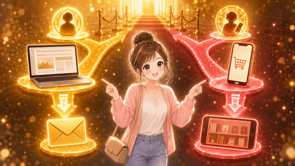 ブラウザ購入とアプリ購入で「買ったあと」の受け取り方が違うことを表すイラスト