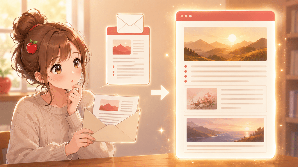 ブラウザでゲスト購入した際に届くメールが購入時点の記事内容であることを示すイラスト