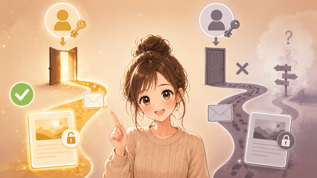 note記事の最新版を読むには購入時と同じメールアドレスが重要であることを示すイラスト