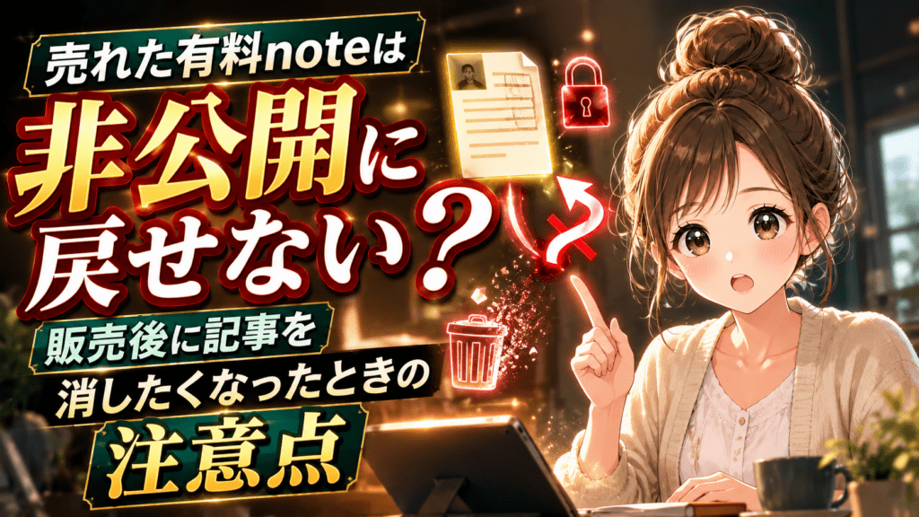 「売れた有料noteは非公開に戻せない？販売後に記事を消したくなったときの注意点」のアイキャッチ画像。鍵のかかった書類とゴミ箱を指差す女性のイラスト