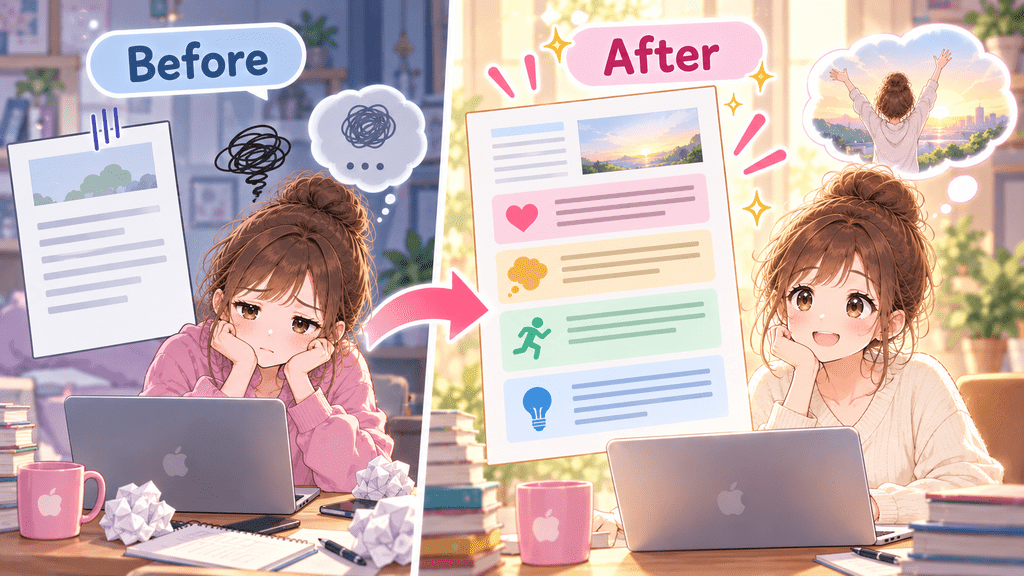 体験談のBeforeとAfterを比較した文章例