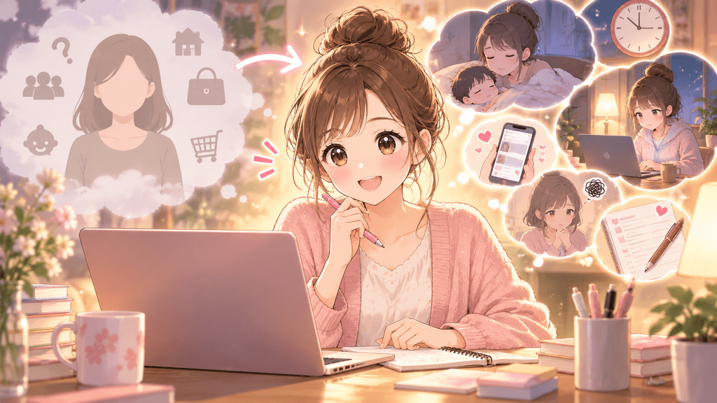 有料noteの読者像を調べて共感されるストーリーを考える女性