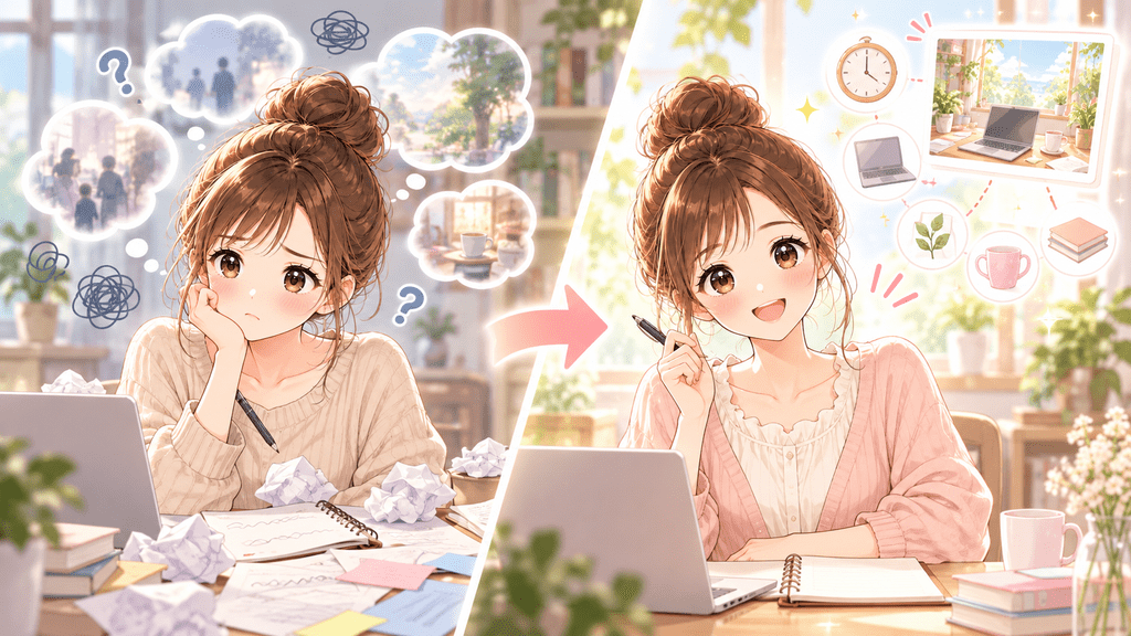 体験談の書き方に悩む女性と、具体描写のコツをつかんだ女性の比較