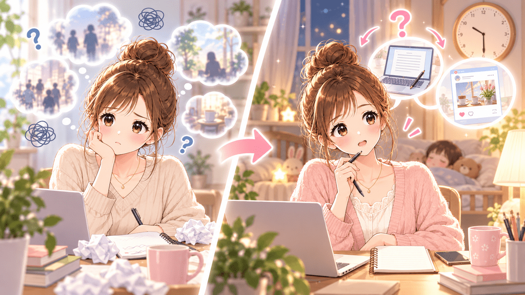 有料noteの体験談がぼんやりした状態から、具体的な場面を考える女性