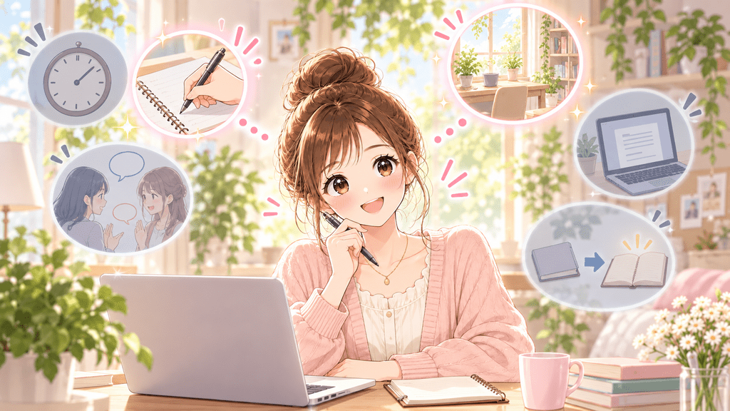 時間・場所・行動・会話など、場面を伝える材料を整理する女性