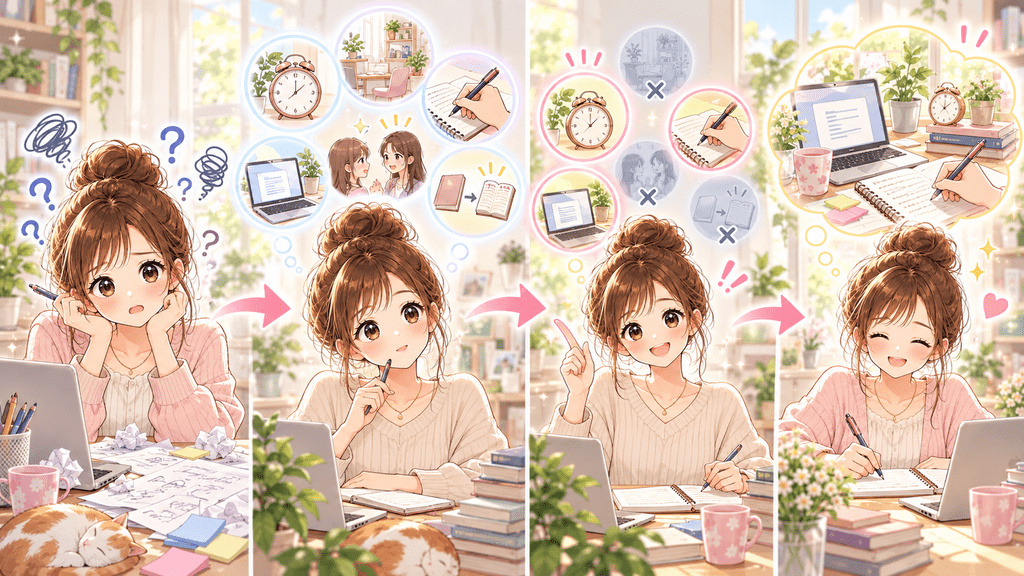 体験談を一場面に書き直す手順を実践する女性