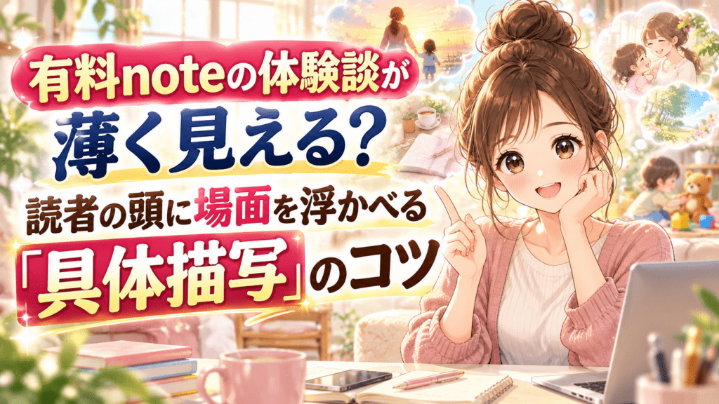 有料noteの体験談を具体描写で伝えるコツを紹介するアイキャッチ画像