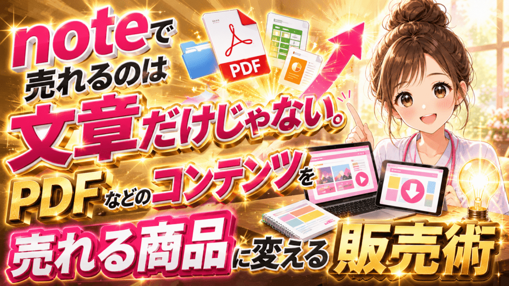 「noteで売れるのは文章だけじゃない。PDFなどのコンテンツを売れる商品に変える販売術」というタイトルと、PDFアイコンやパソコンを背に微笑む女性を描いた記事のアイキャッチ画像