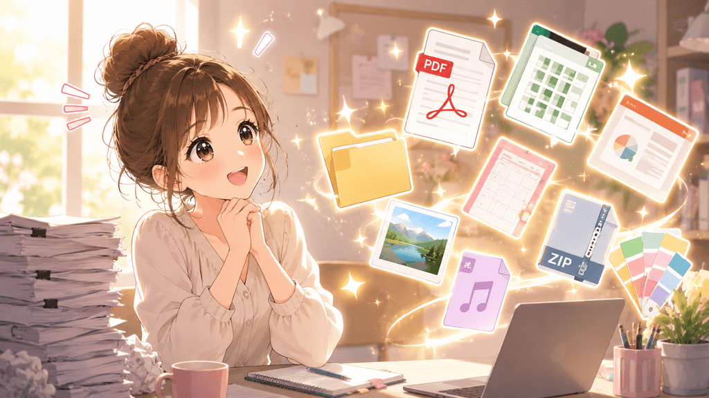 PDFやExcel、PowerPoint、ZIP、写真など様々なファイル形式のアイコンに囲まれて微笑む女性のイラスト