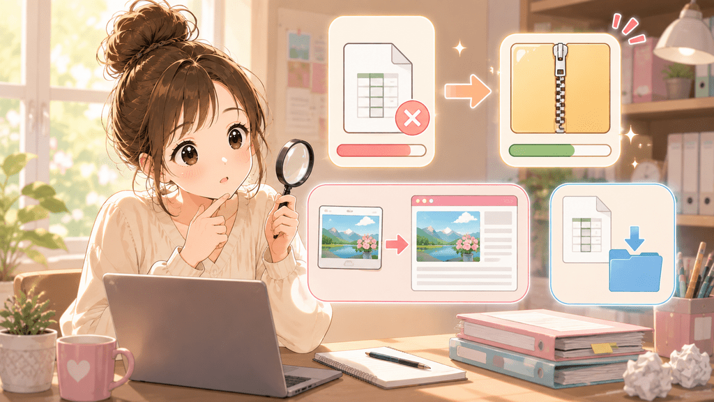 虫眼鏡でファイル形式やZIP圧縮、画像表示のルールを確認する女性のイラスト