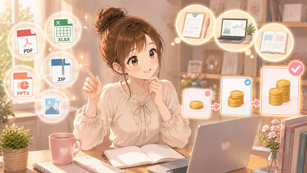 PDFやXLSX、PPTX、ZIPなどのファイル形式アイコンと、積み上がるコインで価格アップを表すイラスト