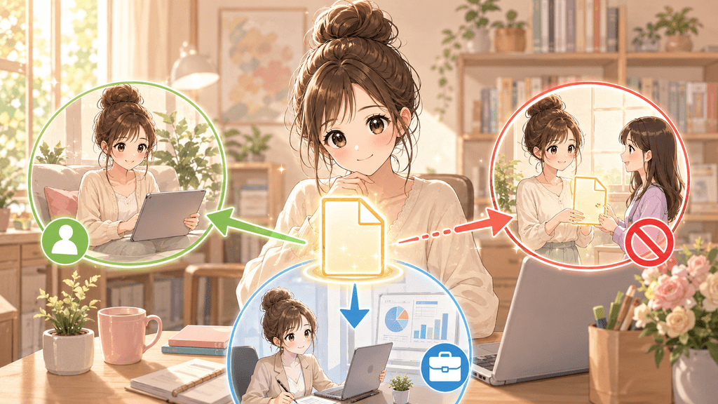 ファイルの利用条件について、個人利用・第三者への譲渡禁止・仕事利用の3パターンを丸いフレームで示すイラスト