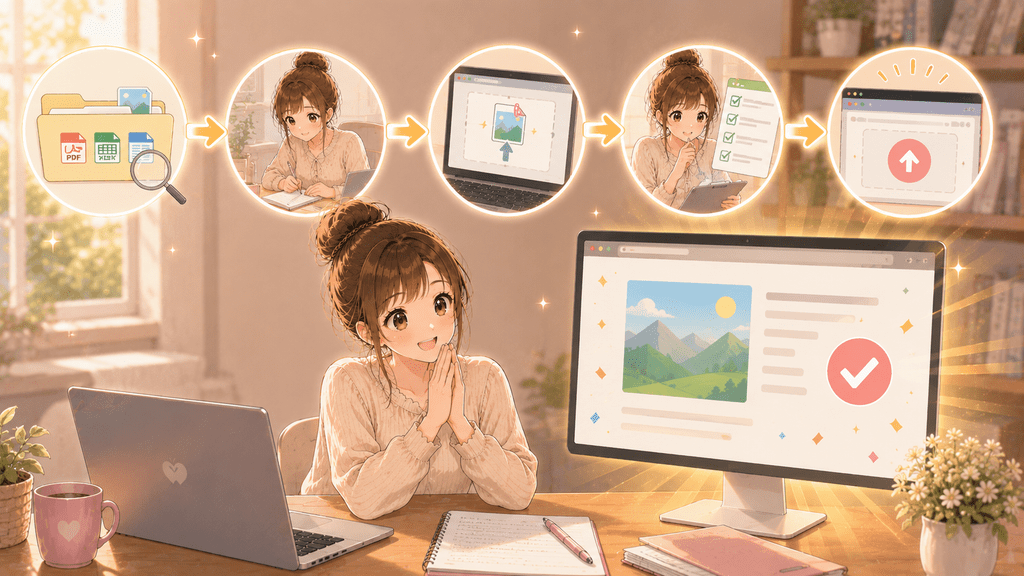 ファイル選びから下書き作成、アップロード、確認、公開までの5ステップを示すイラスト