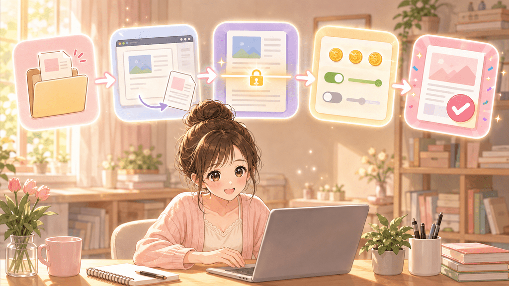 ファイル添付から価格設定、公開までの流れをアイコンで示し、パソコンに向かう女性のイラスト