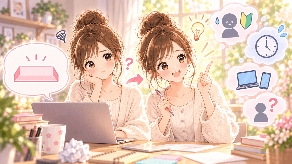 購入前の疑問を想像して有料noteのQ&Aを考える女性
