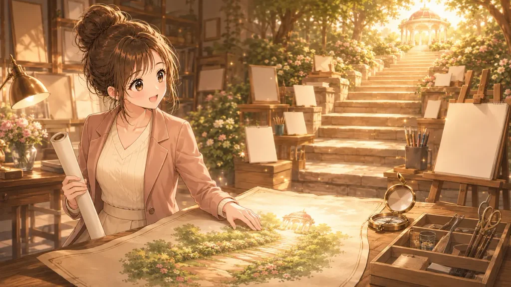 結論を無料で伝えても価値が伝わることを、地図を広げながら考える女性のイラスト