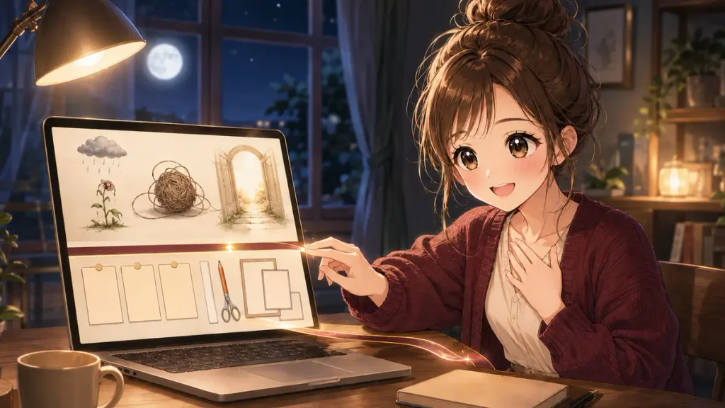 夜に有料noteの原稿を見直しながら有料ラインを確認する女性のイラスト